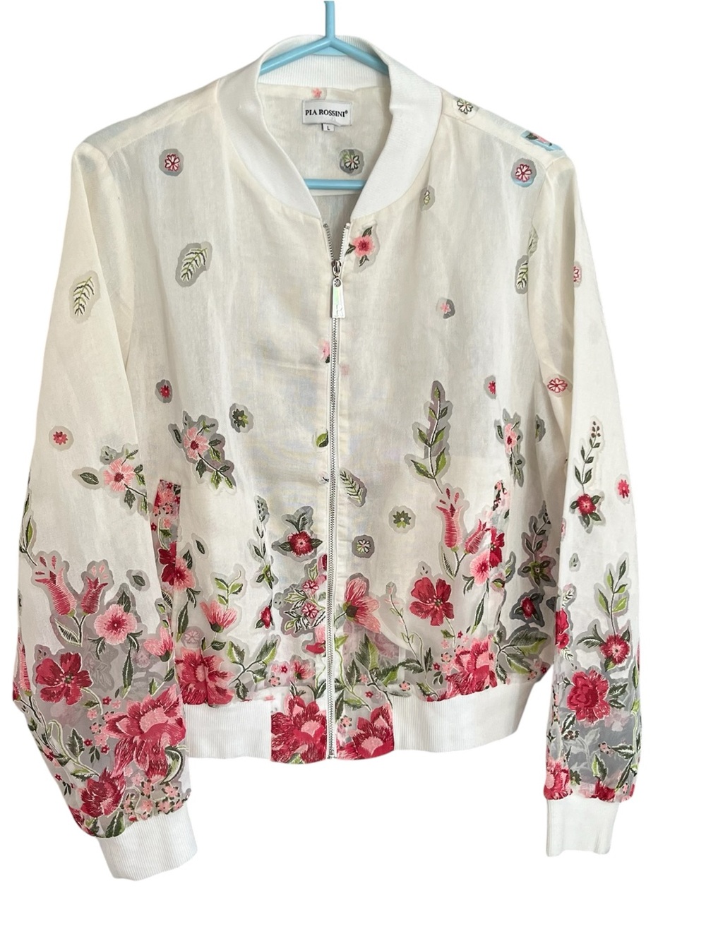 Sheer Thin White Floral Embroidered Bomber Looking Jacket